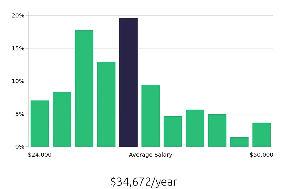 Graph depicting the yearly salary distribution for Server jobs in Omaha, NE, showing an average salary of $34,672 with varying distribution percentages across salary ranges.