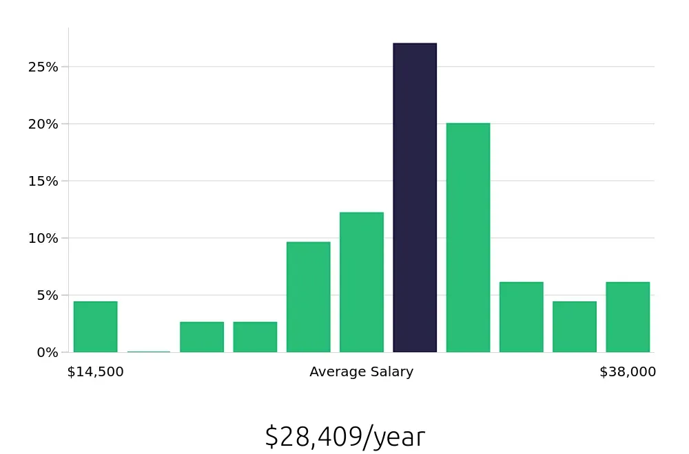 Graph depicting the yearly salary distribution for Server jobs in Opelika, AL, showing an average salary of $28,409 with varying distribution percentages across salary ranges.