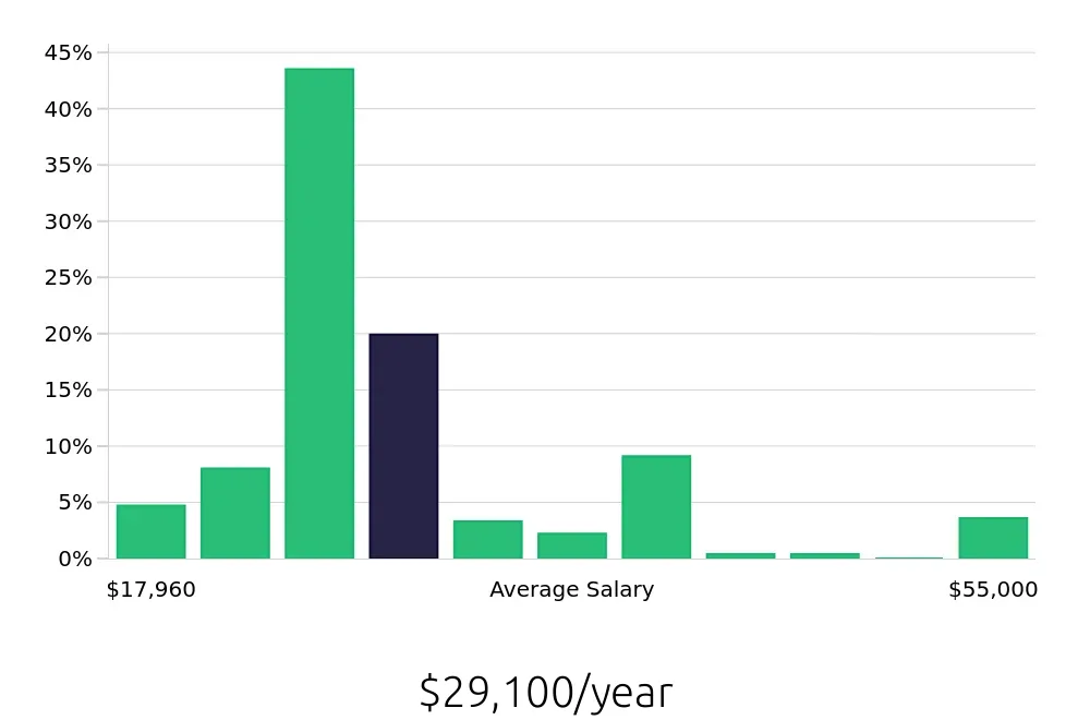 Graph depicting the yearly salary distribution for Server jobs in Panama City, FL, showing an average salary of $29,100 with varying distribution percentages across salary ranges.