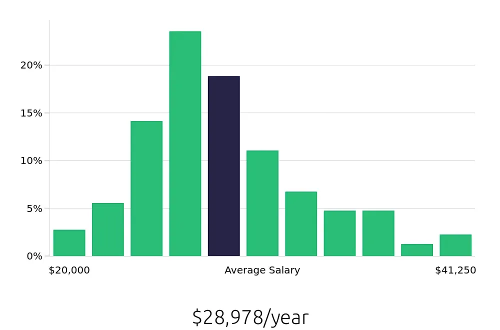Graph depicting the yearly salary distribution for Server jobs in Pensacola, FL, showing an average salary of $28,978 with varying distribution percentages across salary ranges.