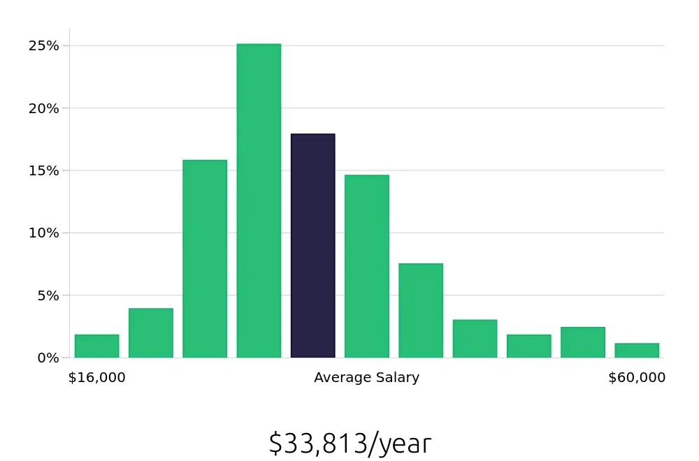 Graph depicting the yearly salary distribution for Server jobs in Philadelphia, PA, showing an average salary of $33,813 with varying distribution percentages across salary ranges.