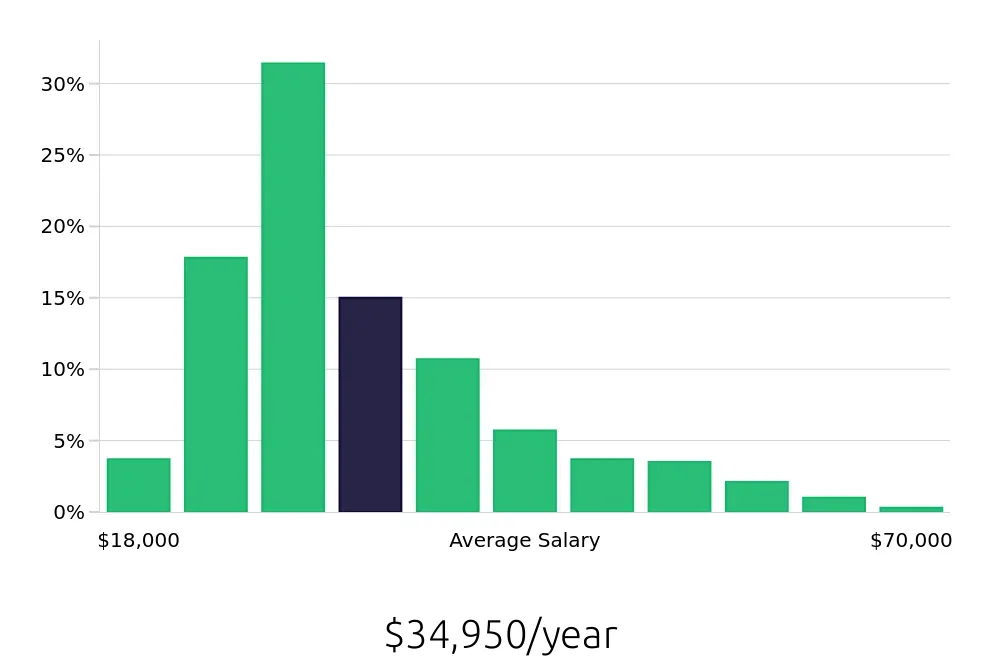 Graph depicting the yearly salary distribution for Server jobs in Pittsburgh, PA, showing an average salary of $34,950 with varying distribution percentages across salary ranges.