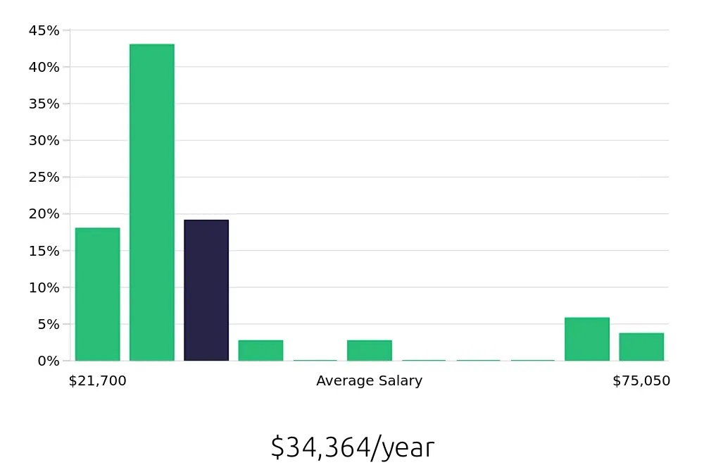 Graph depicting the yearly salary distribution for Server jobs in Plymouth, MN, showing an average salary of $34,364 with varying distribution percentages across salary ranges.
