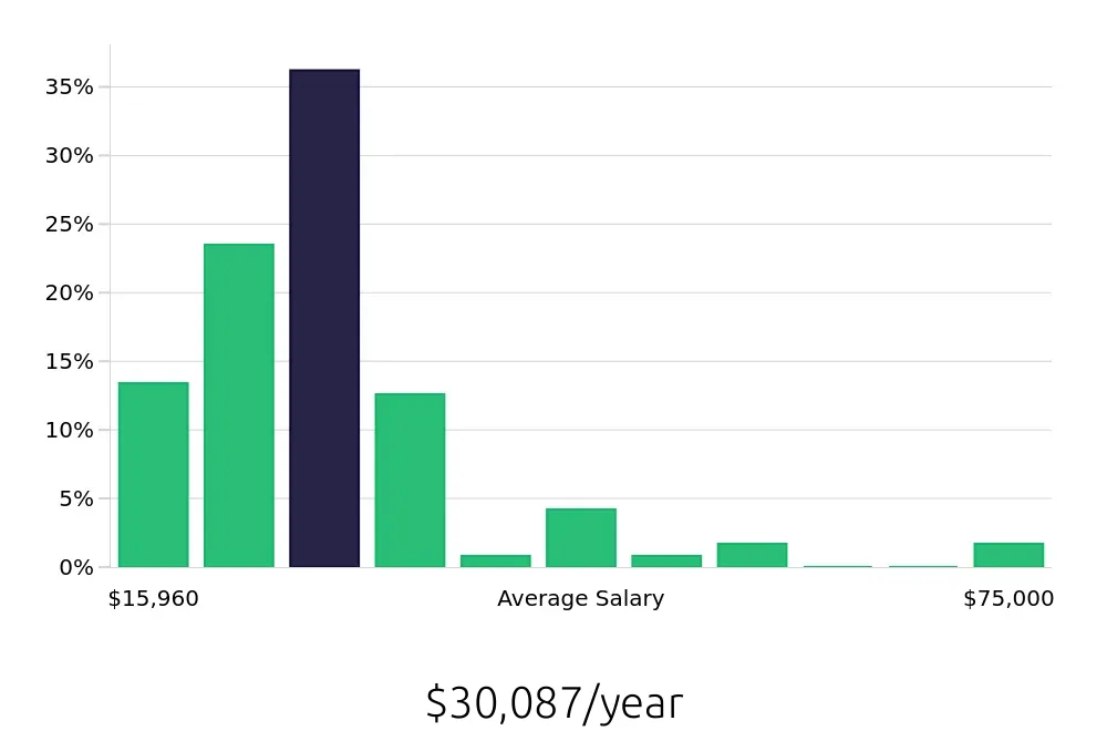 Graph depicting the yearly salary distribution for Server jobs in Ponte Vedra Beach, FL, showing an average salary of $30,087 with varying distribution percentages across salary ranges.
