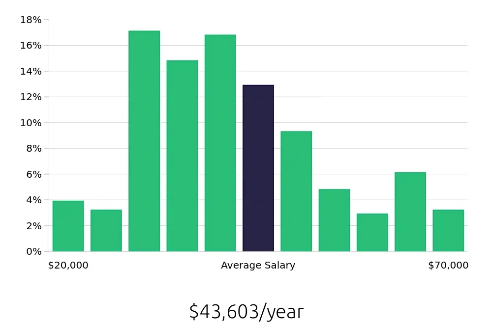 Graph depicting the yearly salary distribution for Server jobs in Portsmouth, NH, showing an average salary of $43,603 with varying distribution percentages across salary ranges.