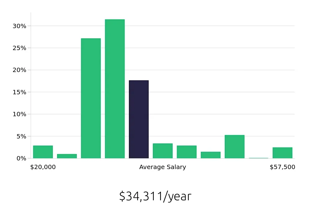 Graph depicting the yearly salary distribution for Server jobs in Poughkeepsie, NY, showing an average salary of $34,311 with varying distribution percentages across salary ranges.