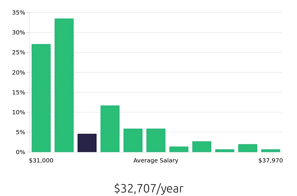 Graph depicting the yearly salary distribution for Server jobs in Rancho Mirage, CA, showing an average salary of $32,707 with varying distribution percentages across salary ranges.