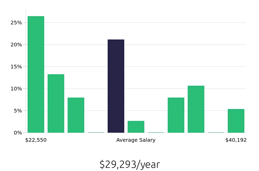 Graph depicting the yearly salary distribution for Server jobs in Richmond Hill, GA, showing an average salary of $29,293 with varying distribution percentages across salary ranges.
