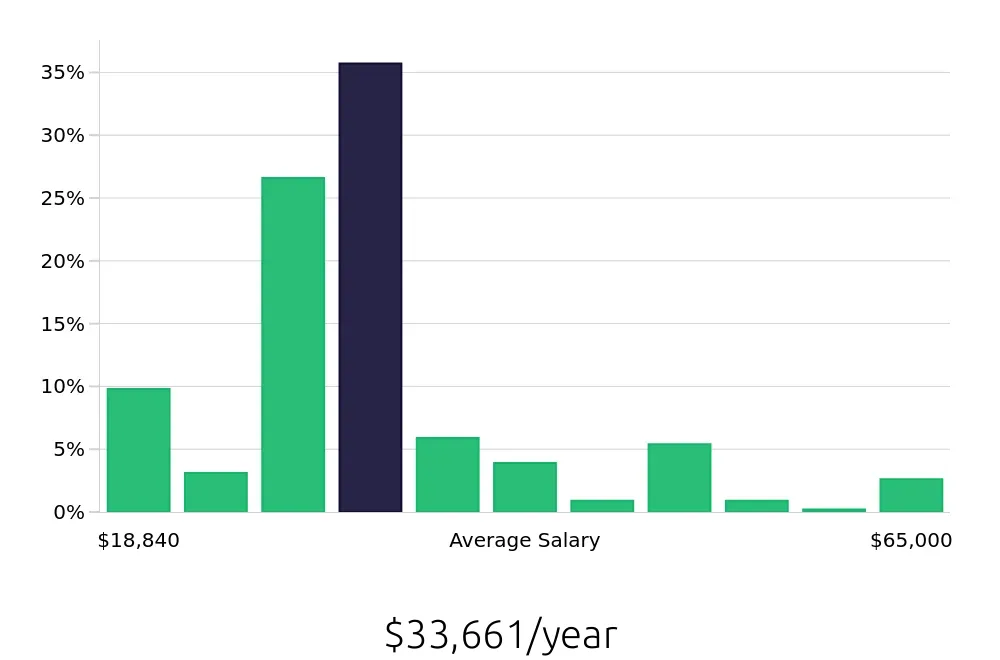 Graph depicting the yearly salary distribution for Server jobs in Rochester, NY, showing an average salary of $33,661 with varying distribution percentages across salary ranges.