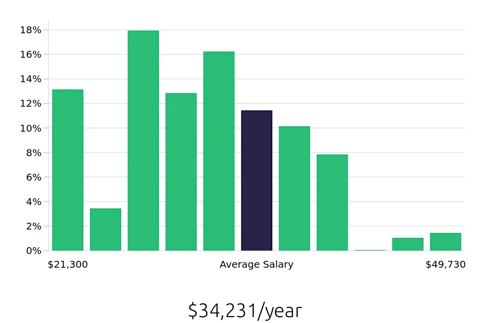 Graph depicting the yearly salary distribution for Server jobs in Rock Hill, SC, showing an average salary of $34,231 with varying distribution percentages across salary ranges.