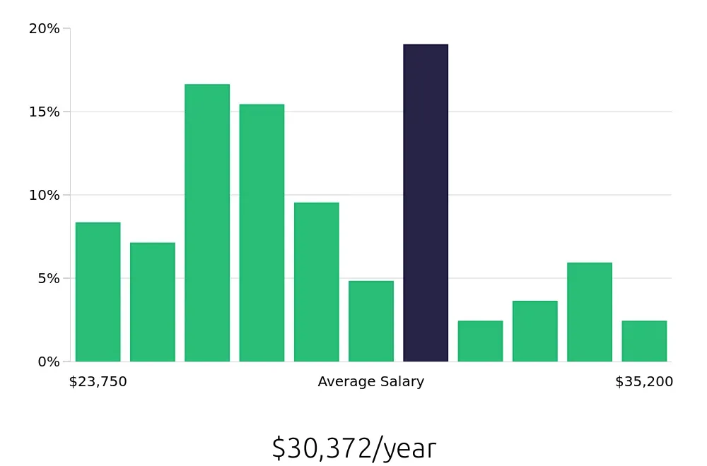 Graph depicting the yearly salary distribution for Server jobs in Rolla, MO, showing an average salary of $30,372 with varying distribution percentages across salary ranges.
