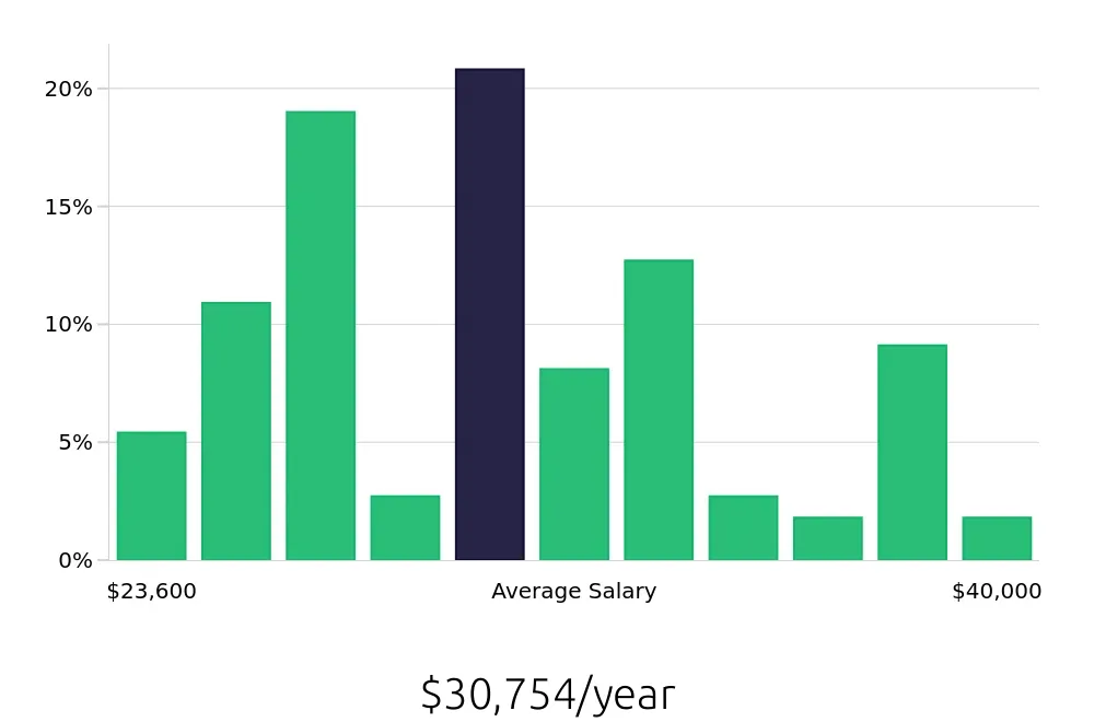 Graph depicting the yearly salary distribution for Server jobs in Roswell, NM, showing an average salary of $30,754 with varying distribution percentages across salary ranges.
