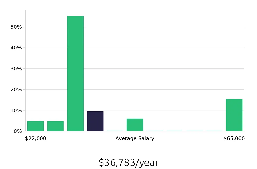 Graph depicting the yearly salary distribution for Server jobs in Rutland, VT, showing an average salary of $36,783 with varying distribution percentages across salary ranges.