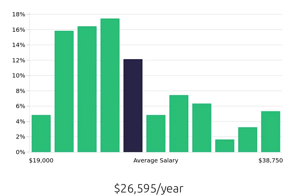 Graph depicting the yearly salary distribution for Server jobs in San Angelo, TX, showing an average salary of $26,595 with varying distribution percentages across salary ranges.