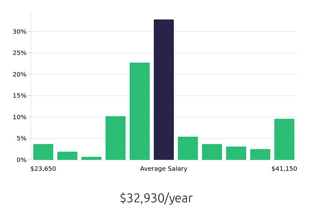 Graph depicting the yearly salary distribution for Server jobs in San Bernardino, CA, showing an average salary of $32,930 with varying distribution percentages across salary ranges.
