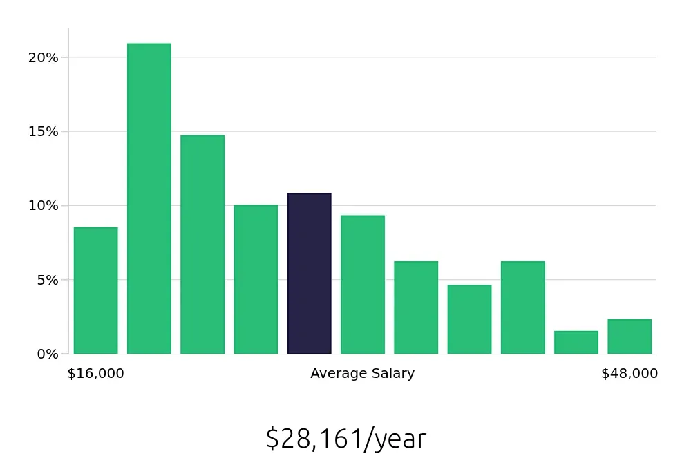 Graph depicting the yearly salary distribution for Server jobs in San Juan, PR, showing an average salary of $28,161 with varying distribution percentages across salary ranges.