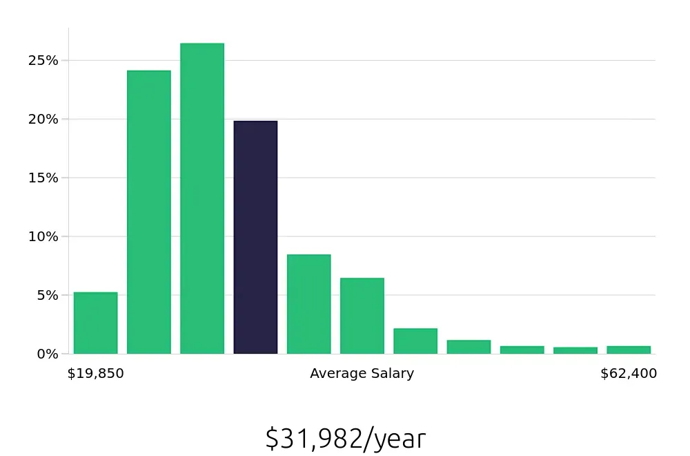 Graph depicting the yearly salary distribution for Server jobs in Savannah, GA, showing an average salary of $31,982 with varying distribution percentages across salary ranges.