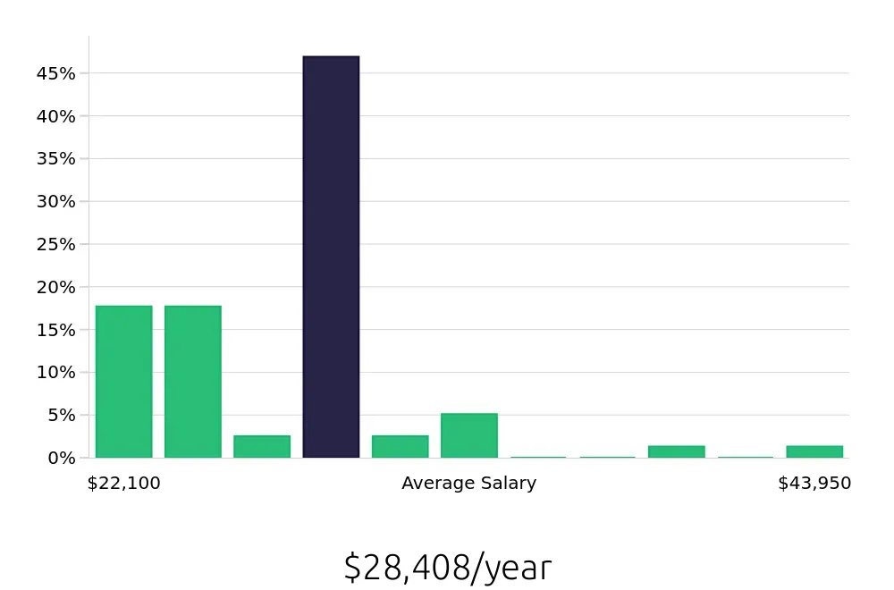 Graph depicting the yearly salary distribution for Server jobs in Sheboygan, WI, showing an average salary of $28,408 with varying distribution percentages across salary ranges.