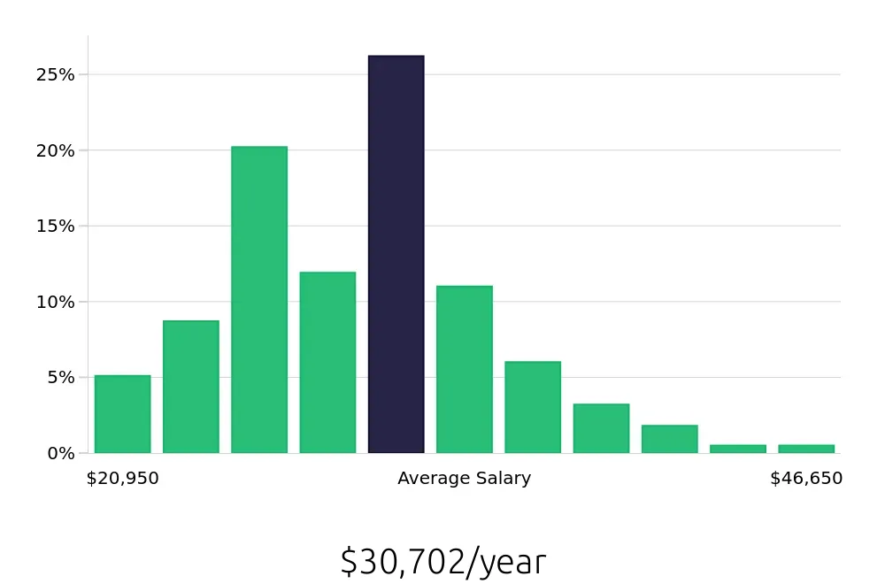 Graph depicting the yearly salary distribution for Server jobs in Smyrna, TN, showing an average salary of $30,702 with varying distribution percentages across salary ranges.