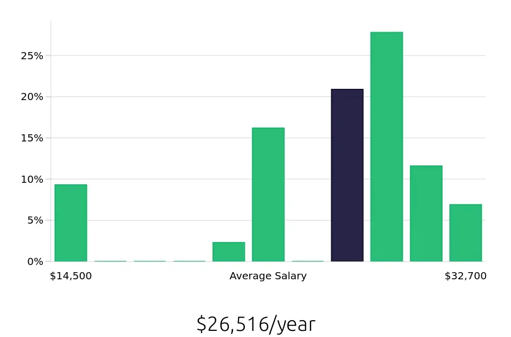 Graph depicting the yearly salary distribution for Server jobs in Somerset, PA, showing an average salary of $26,516 with varying distribution percentages across salary ranges.