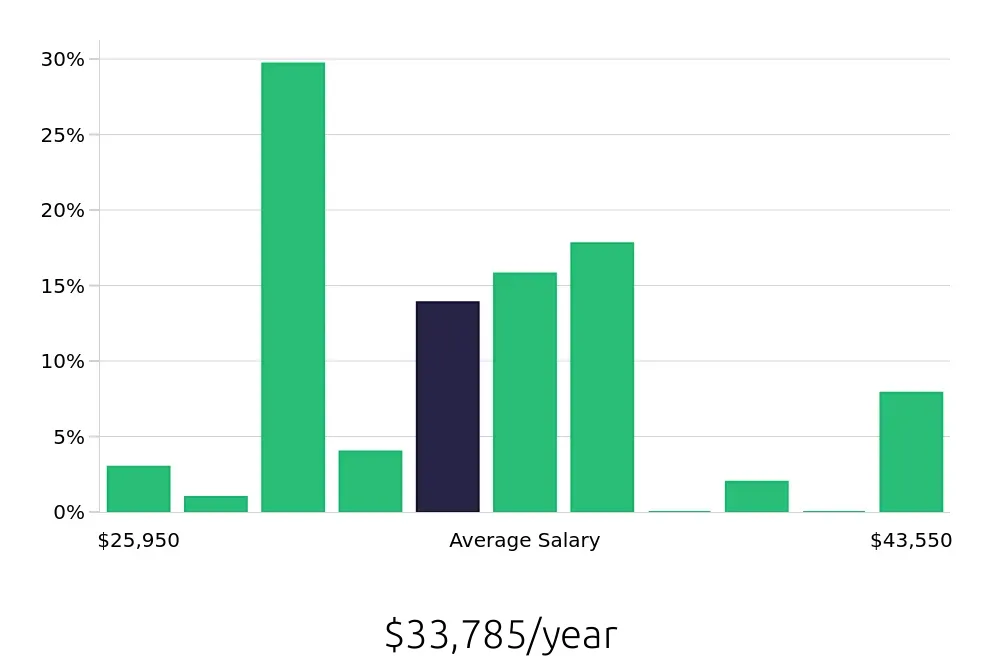 Graph depicting the yearly salary distribution for Server jobs in Springfield, PA, showing an average salary of $33,785 with varying distribution percentages across salary ranges.