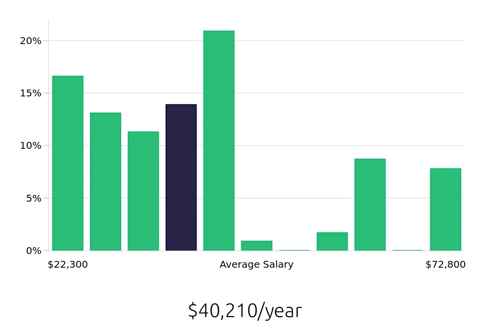 Graph depicting the yearly salary distribution for Server jobs in Stafford, TX, showing an average salary of $40,210 with varying distribution percentages across salary ranges.