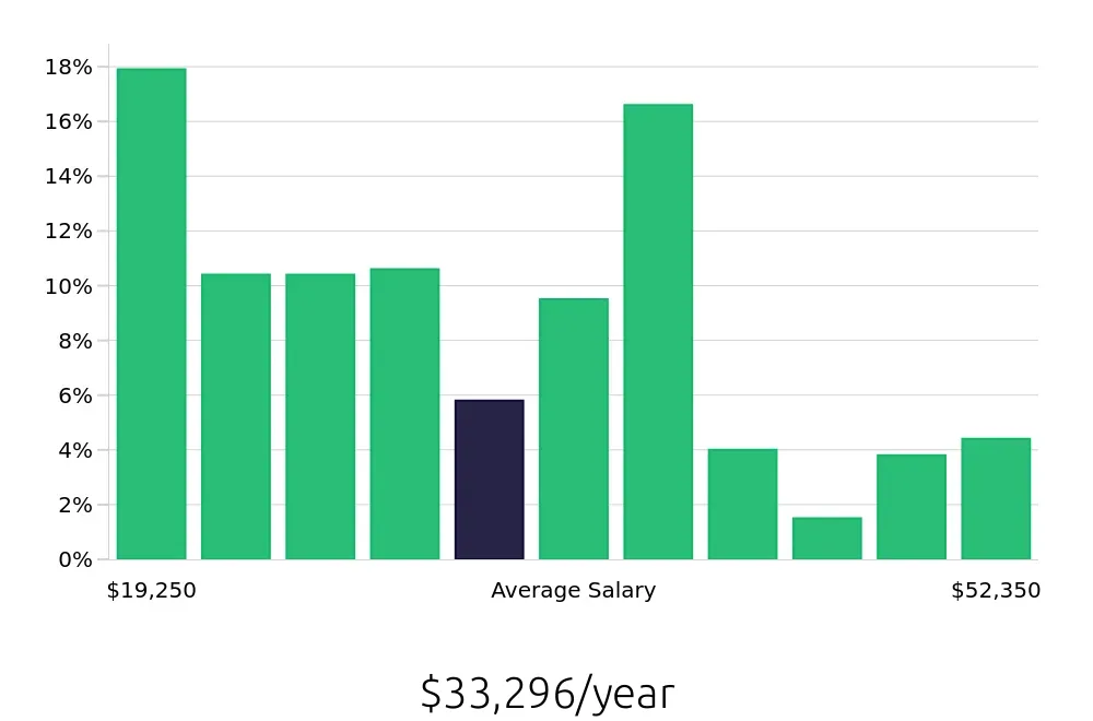 Graph depicting the yearly salary distribution for Server jobs in Summerville, SC, showing an average salary of $33,296 with varying distribution percentages across salary ranges.