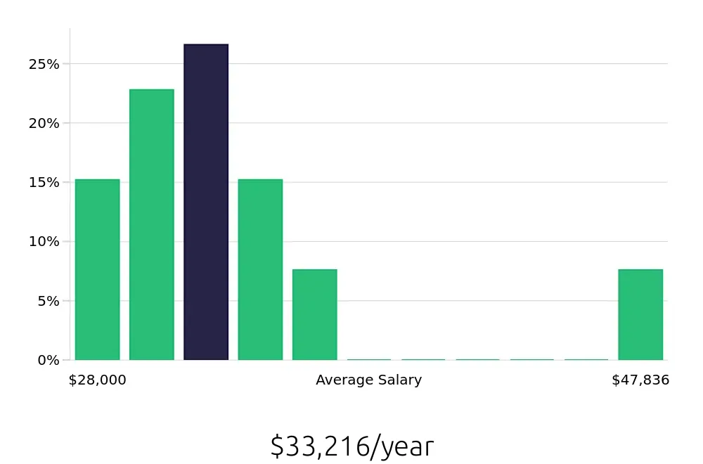 Graph depicting the yearly salary distribution for Server jobs in Township of Monroe, NJ, showing an average salary of $33,216 with varying distribution percentages across salary ranges.