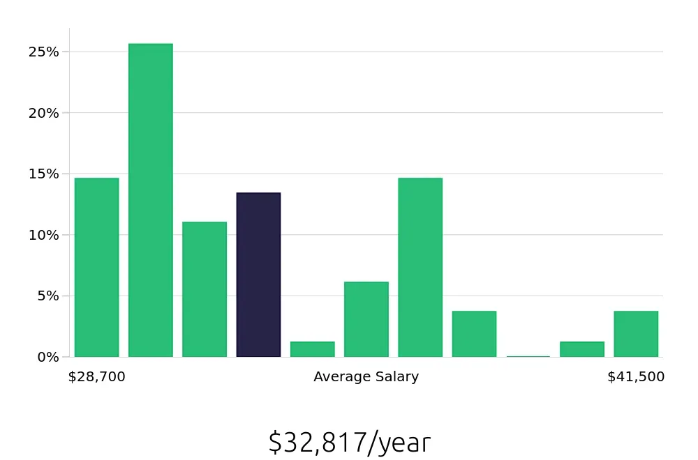 Graph depicting the yearly salary distribution for Server jobs in Union, NJ, showing an average salary of $32,817 with varying distribution percentages across salary ranges.