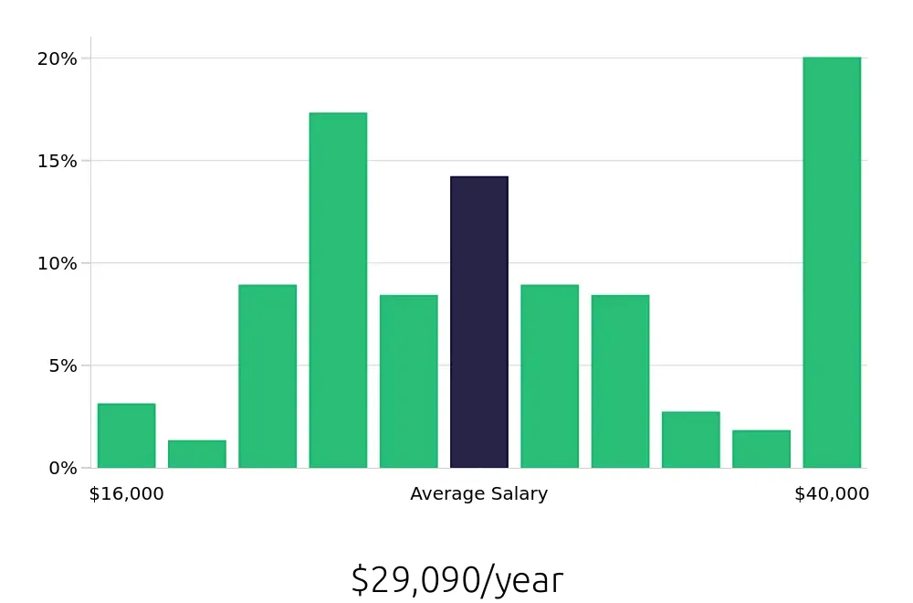 Graph depicting the yearly salary distribution for Server jobs in Valdosta, GA, showing an average salary of $29,090 with varying distribution percentages across salary ranges.