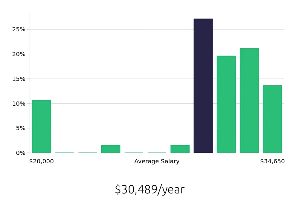 Graph depicting the yearly salary distribution for Server jobs in Valley Stream, NY, showing an average salary of $30,489 with varying distribution percentages across salary ranges.