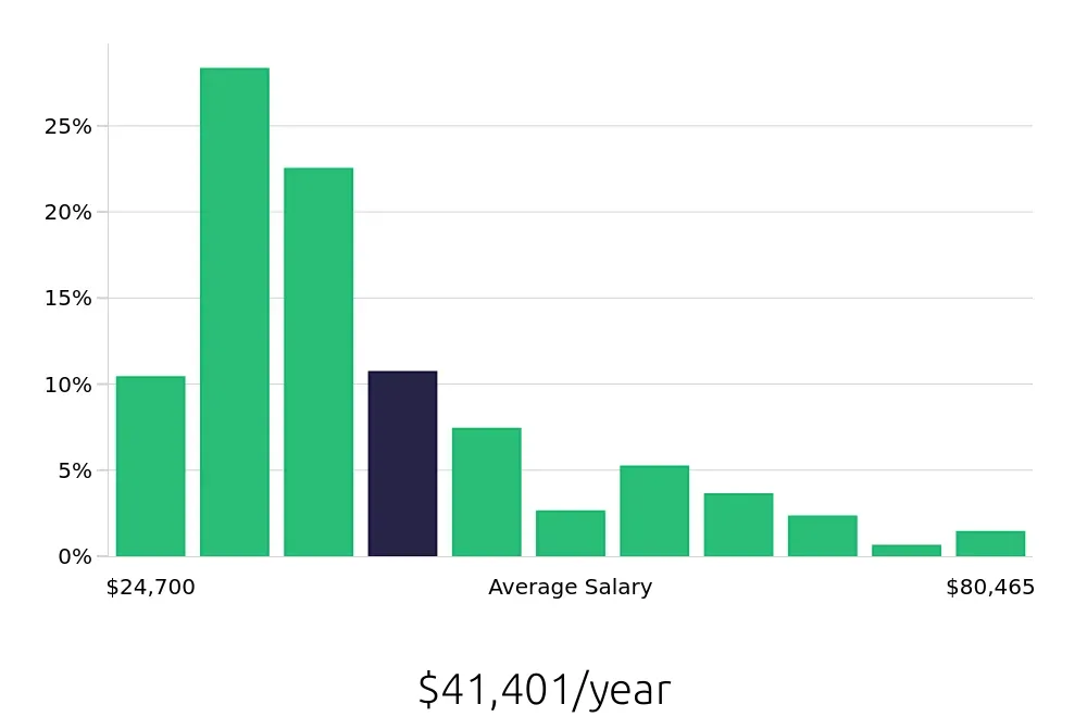 Graph depicting the yearly salary distribution for Server jobs in Washington, DC, showing an average salary of $41,401 with varying distribution percentages across salary ranges.