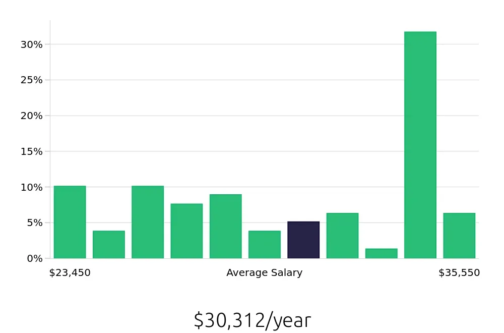 Graph depicting the yearly salary distribution for Server jobs in Watertown, SD, showing an average salary of $30,312 with varying distribution percentages across salary ranges.