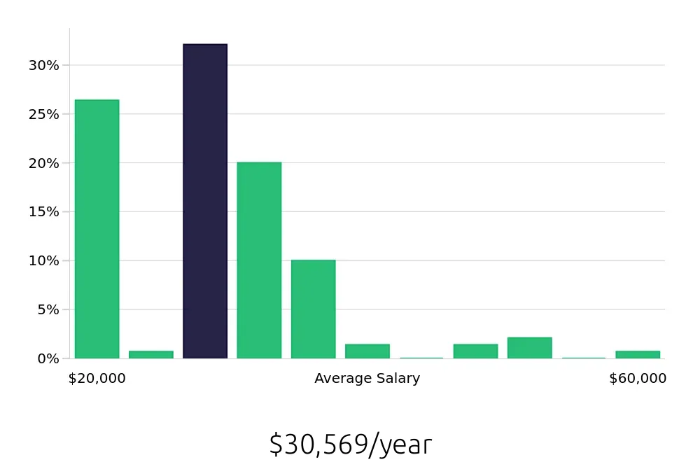 Graph depicting the yearly salary distribution for Server jobs in Westbury, NY, showing an average salary of $30,569 with varying distribution percentages across salary ranges.