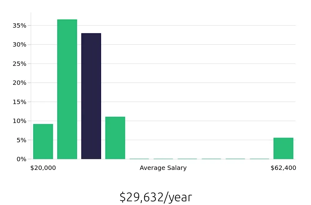 Graph depicting the yearly salary distribution for Server jobs in Wheeling, WV, showing an average salary of $29,632 with varying distribution percentages across salary ranges.