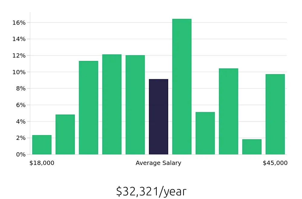 Graph depicting the yearly salary distribution for Server jobs in Wichita, KS, showing an average salary of $32,321 with varying distribution percentages across salary ranges.