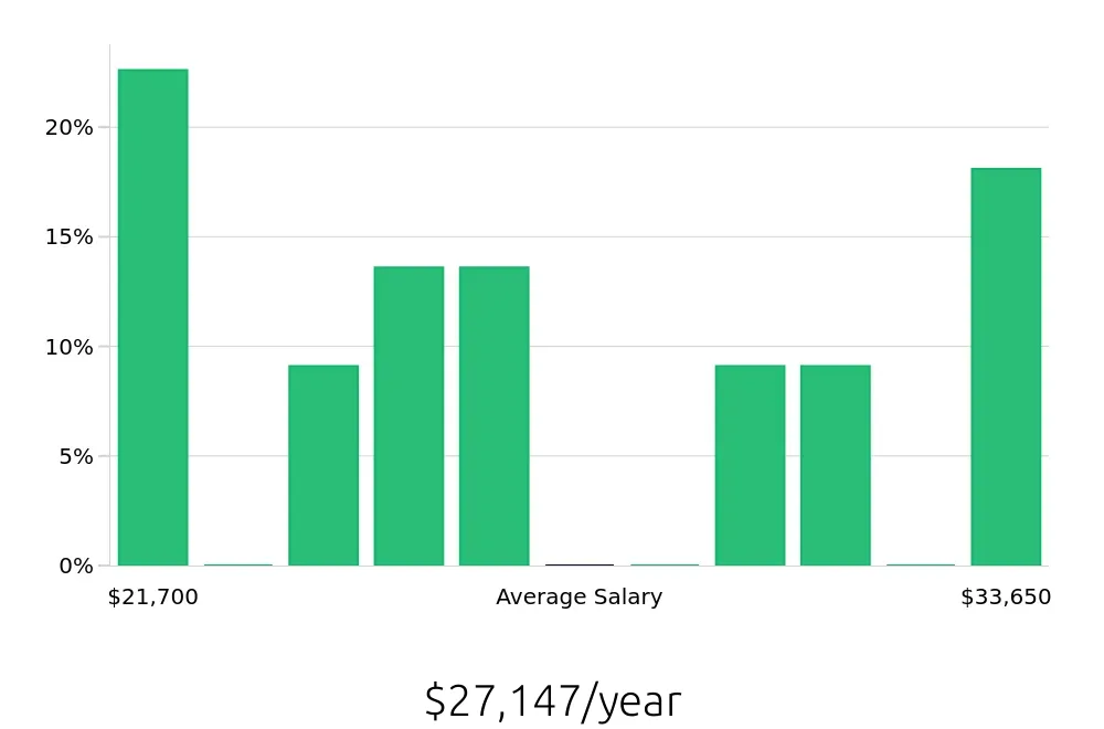 Graph depicting the yearly salary distribution for Server jobs in Willmar, MN, showing an average salary of $27,147 with varying distribution percentages across salary ranges.