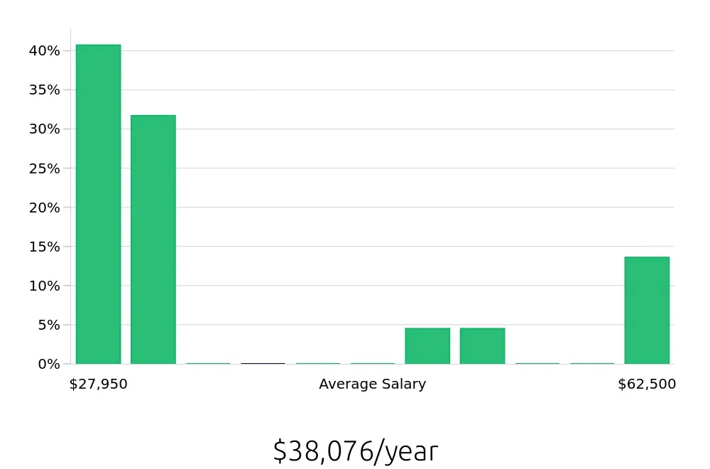 Graph depicting the yearly salary distribution for Service Team Member jobs in Rochester Hills, MI, showing an average salary of $38,076 with varying distribution percentages across salary ranges.