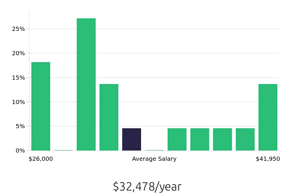Graph depicting the yearly salary distribution for Service Team Member jobs in Rock Hill, SC, showing an average salary of $32,478 with varying distribution percentages across salary ranges.