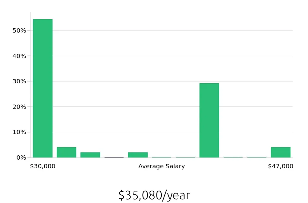 Graph depicting the yearly salary distribution for Service Team Member jobs in Schenectady, NY, showing an average salary of $35,080 with varying distribution percentages across salary ranges.