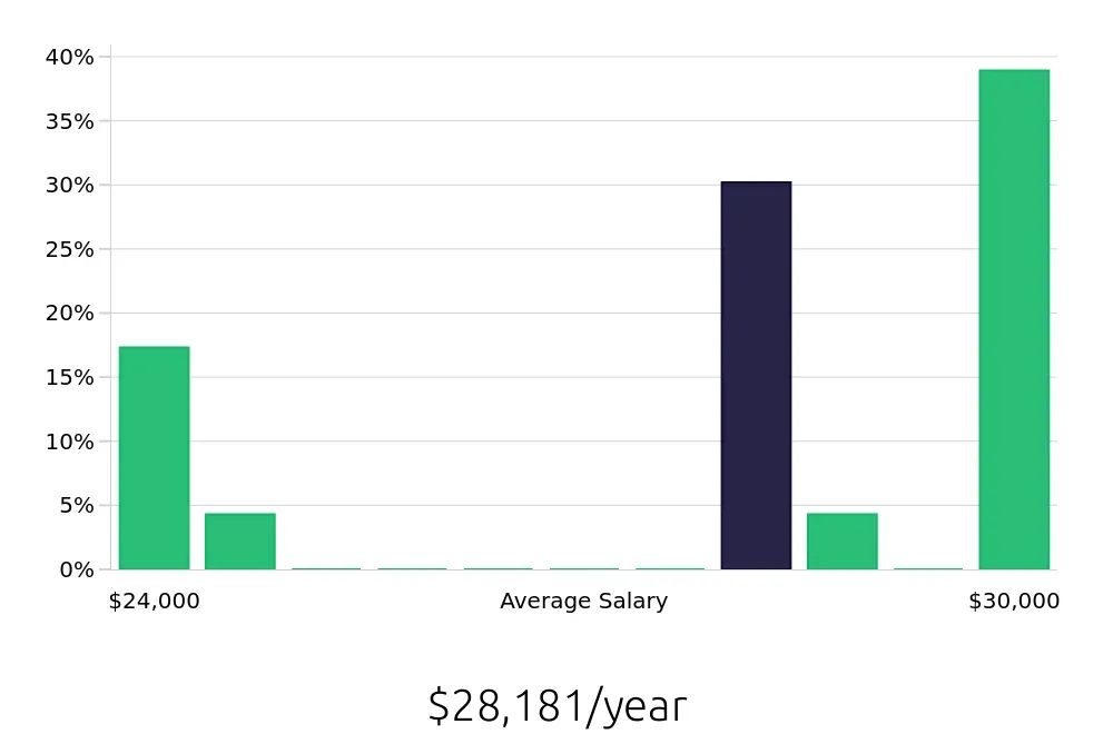 Graph depicting the yearly salary distribution for Service Team Member jobs in Waynesboro, VA, showing an average salary of $28,181 with varying distribution percentages across salary ranges.