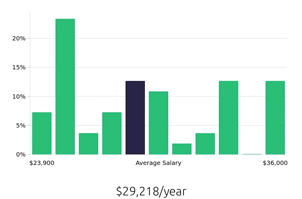 Graph depicting the yearly salary distribution for Shift Leader jobs in Boerne, TX, showing an average salary of $29,218 with varying distribution percentages across salary ranges.
