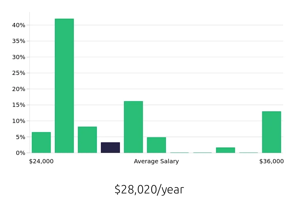 Graph depicting the yearly salary distribution for Shift Leader jobs in Dallas, GA, showing an average salary of $28,020 with varying distribution percentages across salary ranges.