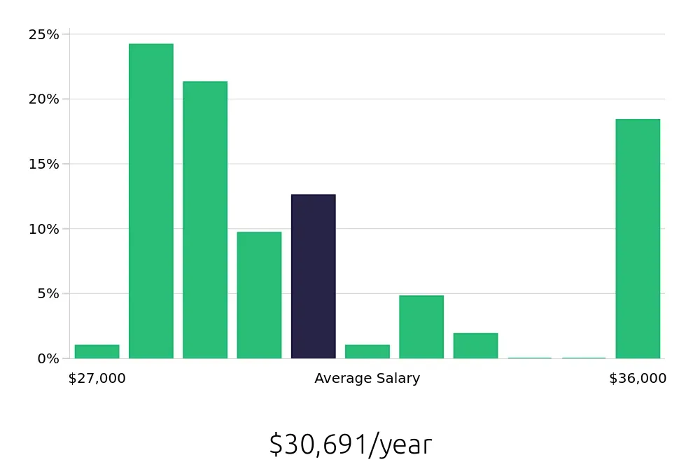 Graph depicting the yearly salary distribution for Shift Leader jobs in Hobbs, NM, showing an average salary of $30,691 with varying distribution percentages across salary ranges.