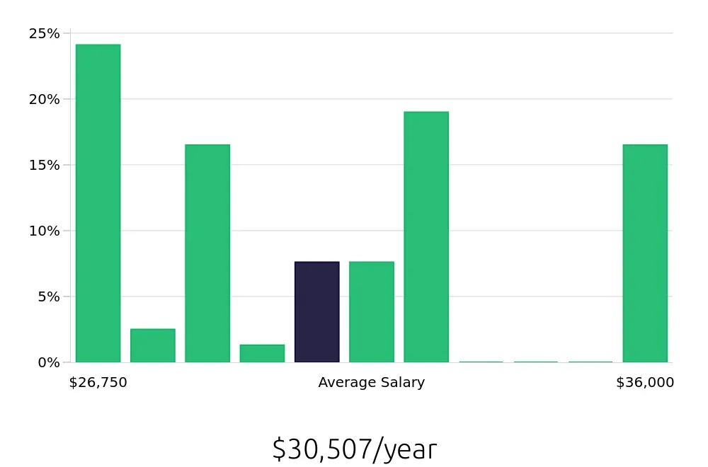 Graph depicting the yearly salary distribution for Shift Leader jobs in New Port Richey, FL, showing an average salary of $30,507 with varying distribution percentages across salary ranges.