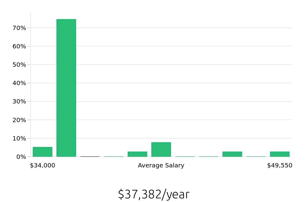 Graph depicting the yearly salary distribution for Shift Leader jobs in Somerset, NJ, showing an average salary of $37,382 with varying distribution percentages across salary ranges.