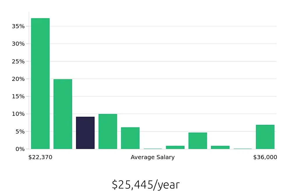 Graph depicting the yearly salary distribution for Stocker jobs in Akron, OH, showing an average salary of $25,445 with varying distribution percentages across salary ranges.