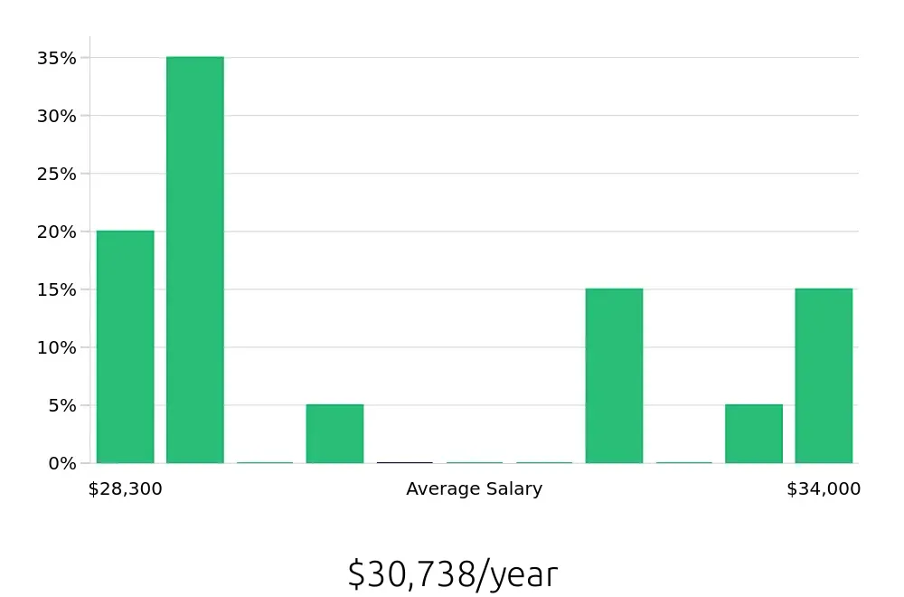 Graph depicting the yearly salary distribution for Stocker jobs in Bangor, ME, showing an average salary of $30,738 with varying distribution percentages across salary ranges.