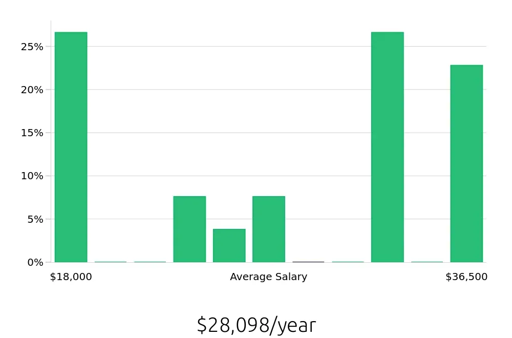 Graph depicting the yearly salary distribution for Stocker jobs in Baytown, TX, showing an average salary of $28,098 with varying distribution percentages across salary ranges.