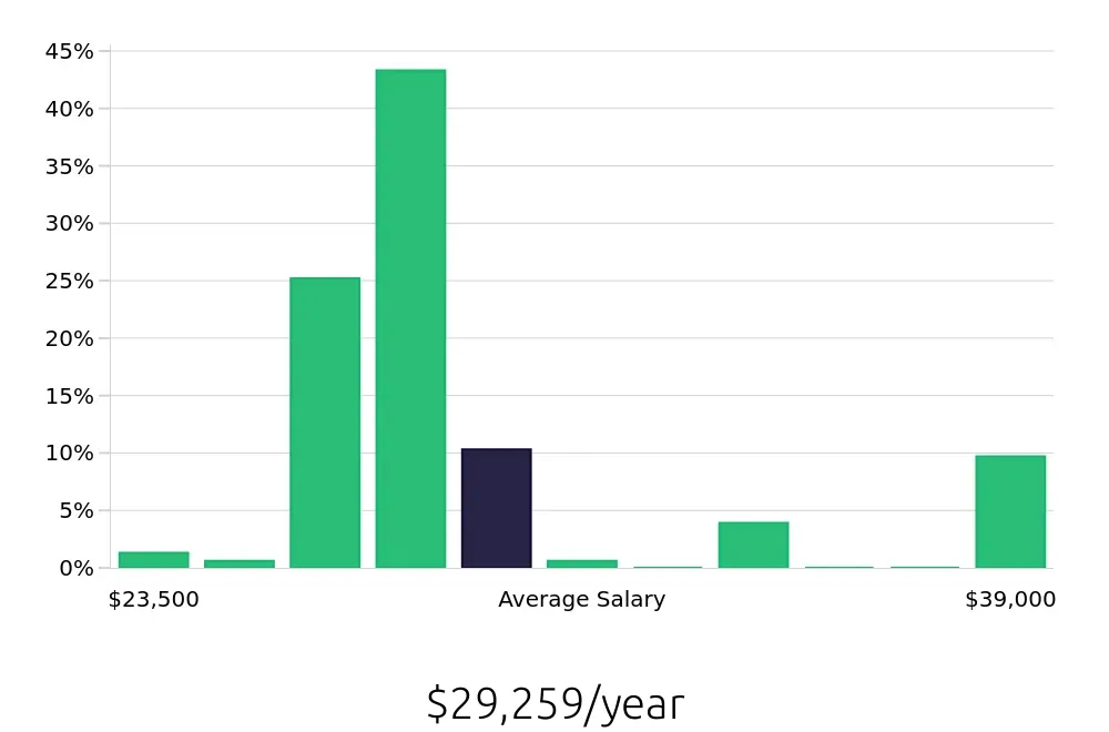 Graph depicting the yearly salary distribution for Stocker jobs in Bethlehem, PA, showing an average salary of $29,259 with varying distribution percentages across salary ranges.
